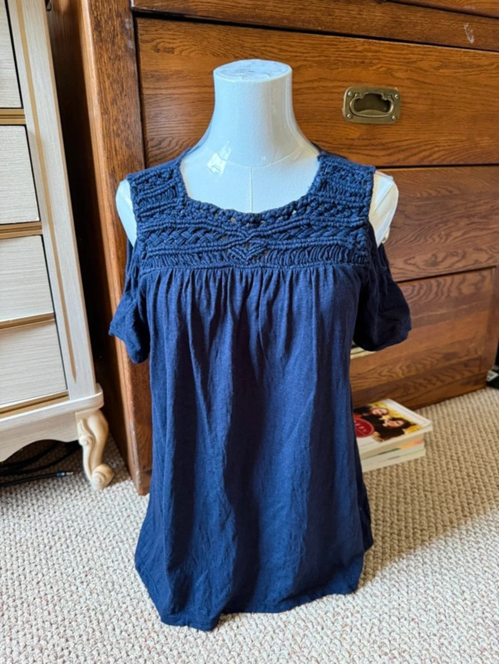 Crown & Ivy navy blue babydoll top with cold shoulder short tank sleeves